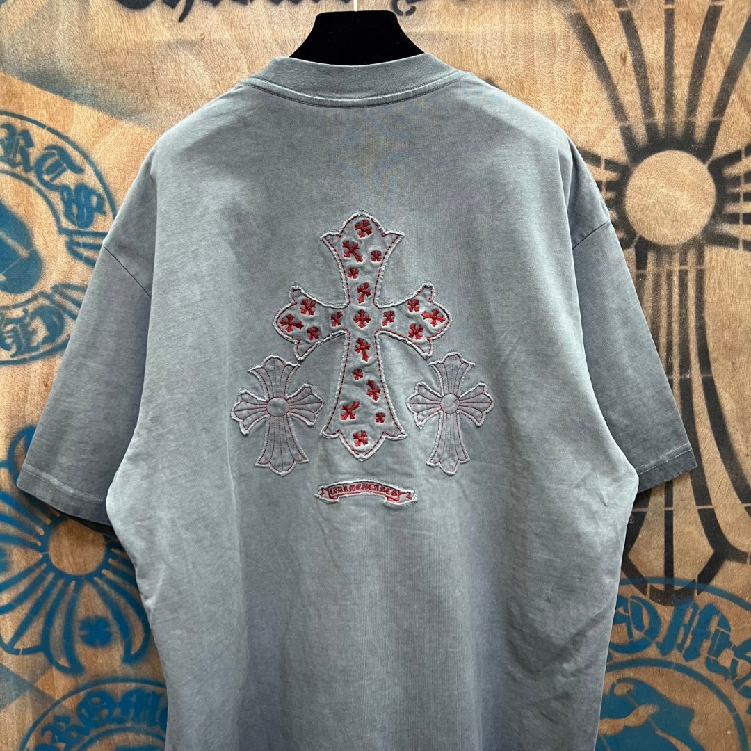 Chrome Hearts 克罗心 做旧红色十字架绣花圆领短袖 T恤 灰色 A0