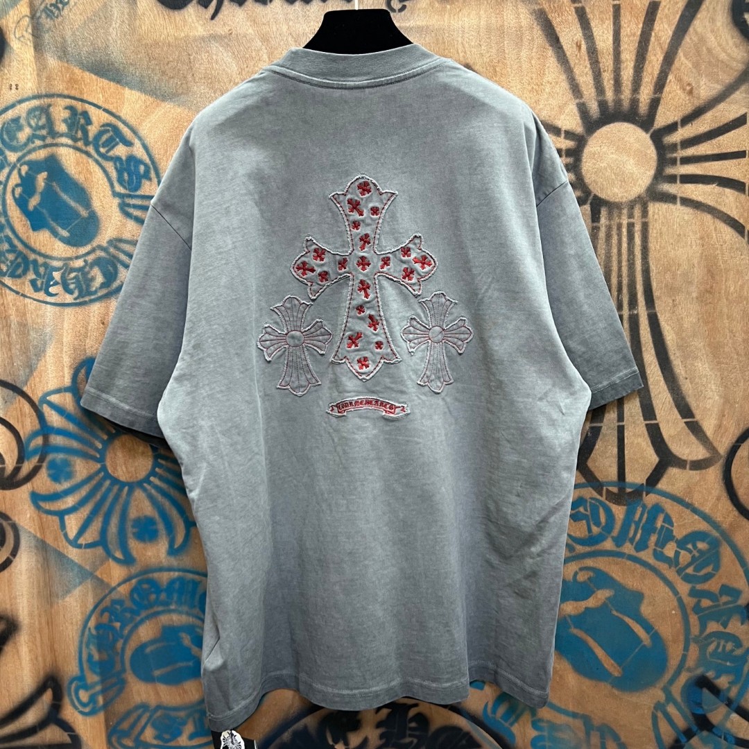 Chrome Hearts 克罗心 做旧红色十字架绣花圆领短袖 T恤 灰色 A0
