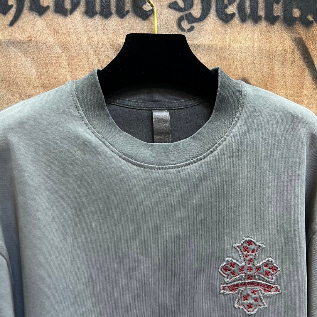 Chrome Hearts 克罗心 做旧红色十字架绣花圆领短袖 T恤 灰色 A0