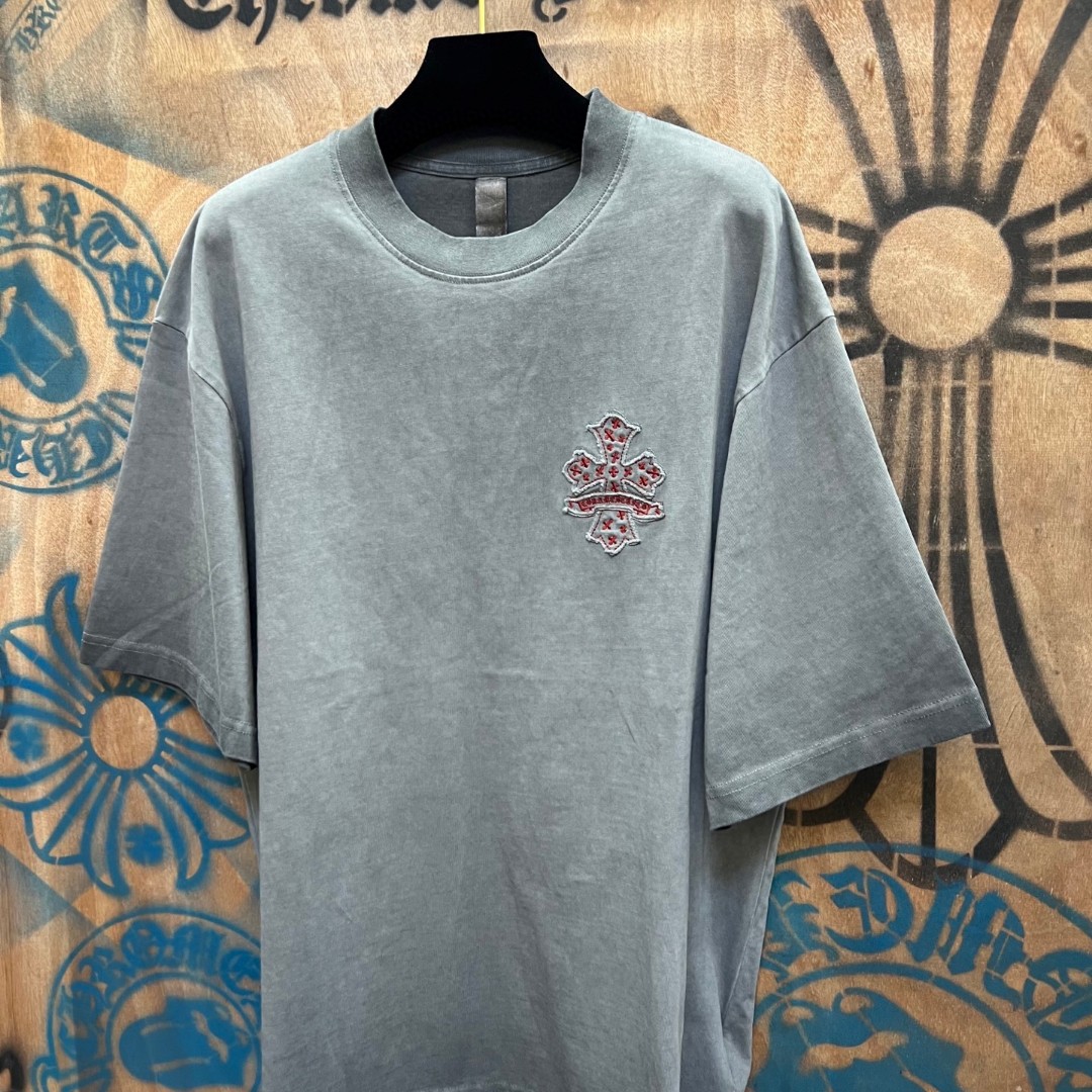 Chrome Hearts 克罗心 做旧红色十字架绣花圆领短袖 T恤 灰色 A0