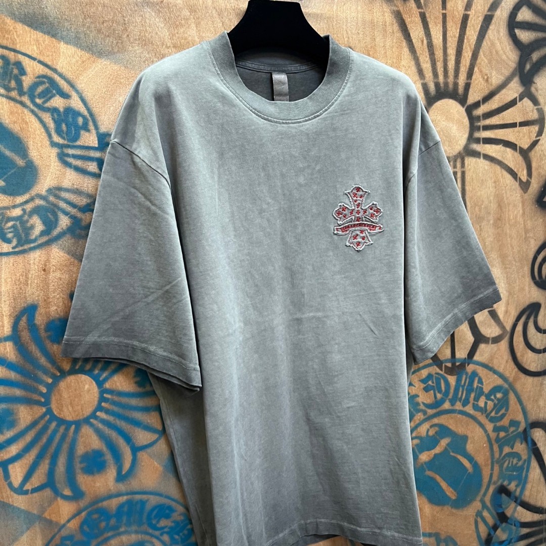 Chrome Hearts 克罗心 做旧红色十字架绣花圆领短袖 T恤 灰色 A0
