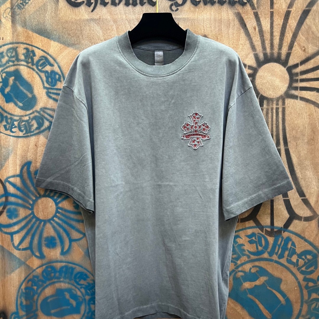 Chrome Hearts 克罗心 做旧红色十字架绣花圆领短袖 T恤 灰色 A0