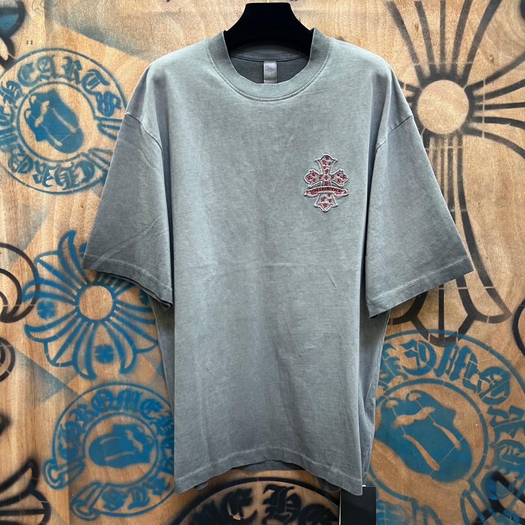 Chrome Hearts 克罗心 做旧红色十字架绣花圆领短袖 T恤 灰色 A0