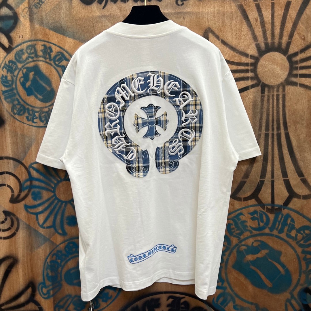 Chrome Hearts 克罗心 蓝色格纹马蹄绣花圆领短袖 T恤 白色 A0