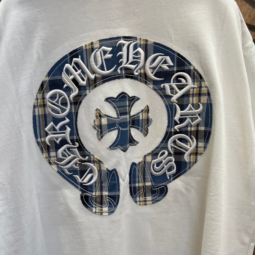 Chrome Hearts 克罗心 蓝色格纹马蹄绣花圆领短袖 T恤 白色 A0