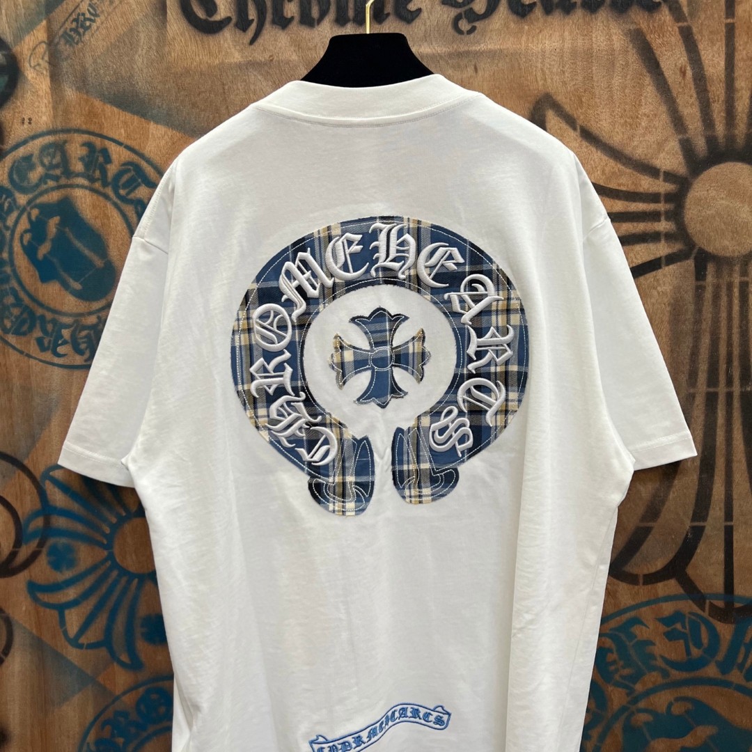 Chrome Hearts 克罗心 蓝色格纹马蹄绣花圆领短袖 T恤 白色 A0