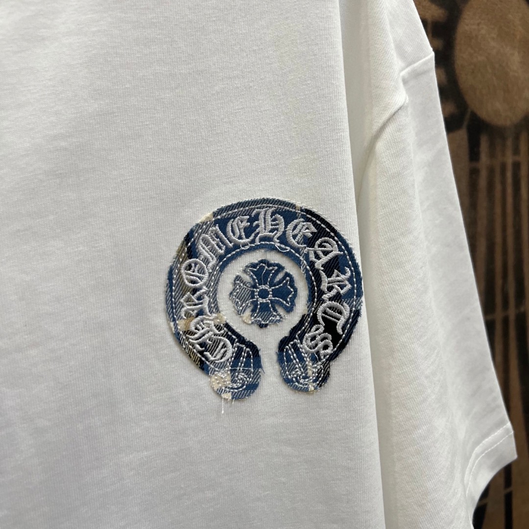 Chrome Hearts 克罗心 蓝色格纹马蹄绣花圆领短袖 T恤 白色 A0