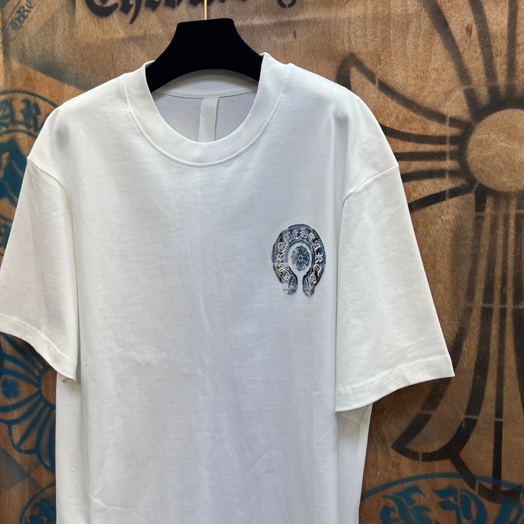 Chrome Hearts 克罗心 蓝色格纹马蹄绣花圆领短袖 T恤 白色 A0