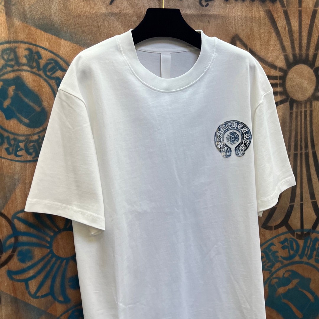 Chrome Hearts 克罗心 蓝色格纹马蹄绣花圆领短袖 T恤 白色 A0