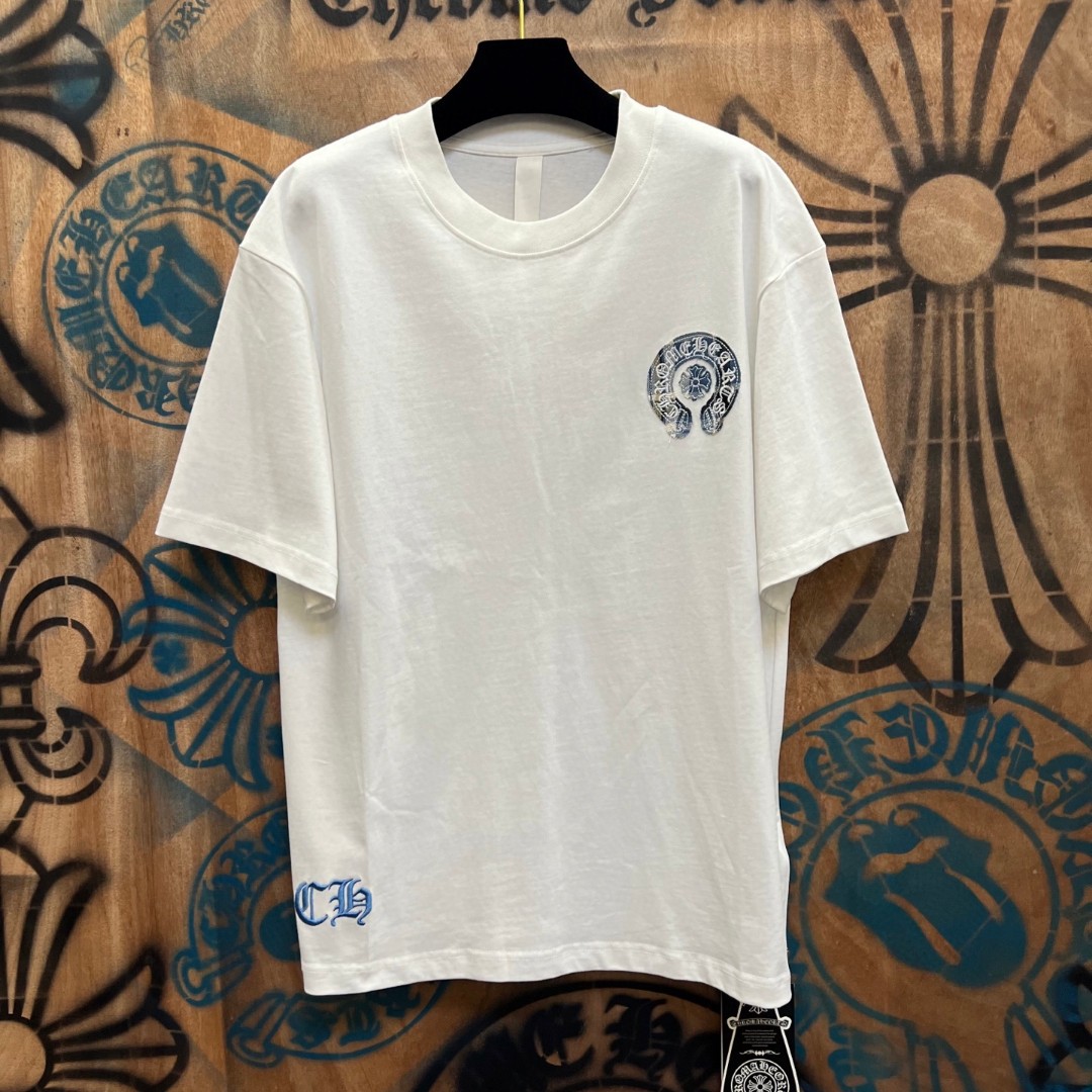 Chrome Hearts 克罗心 蓝色格纹马蹄绣花圆领短袖 T恤 白色 A0