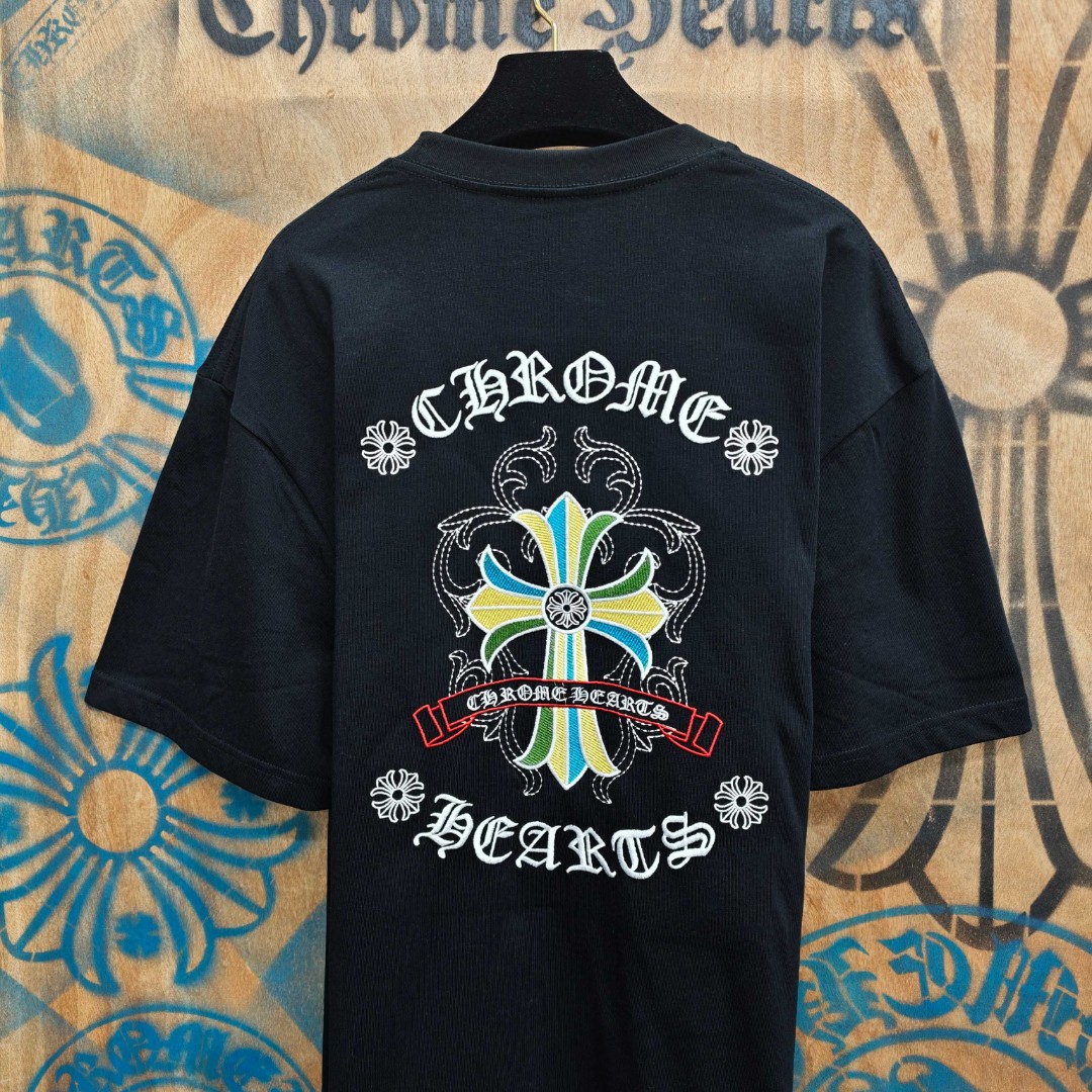 Chrome Hearts 克罗心 彩色十字架梵文绣花圆领短袖 T恤 白色 黑色 A0