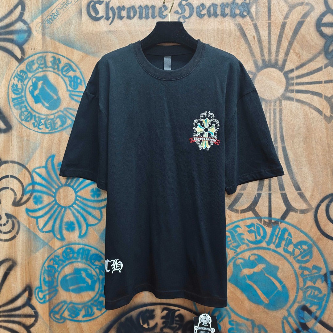 Chrome Hearts 克罗心 彩色十字架梵文绣花圆领短袖 T恤 白色 黑色 A0