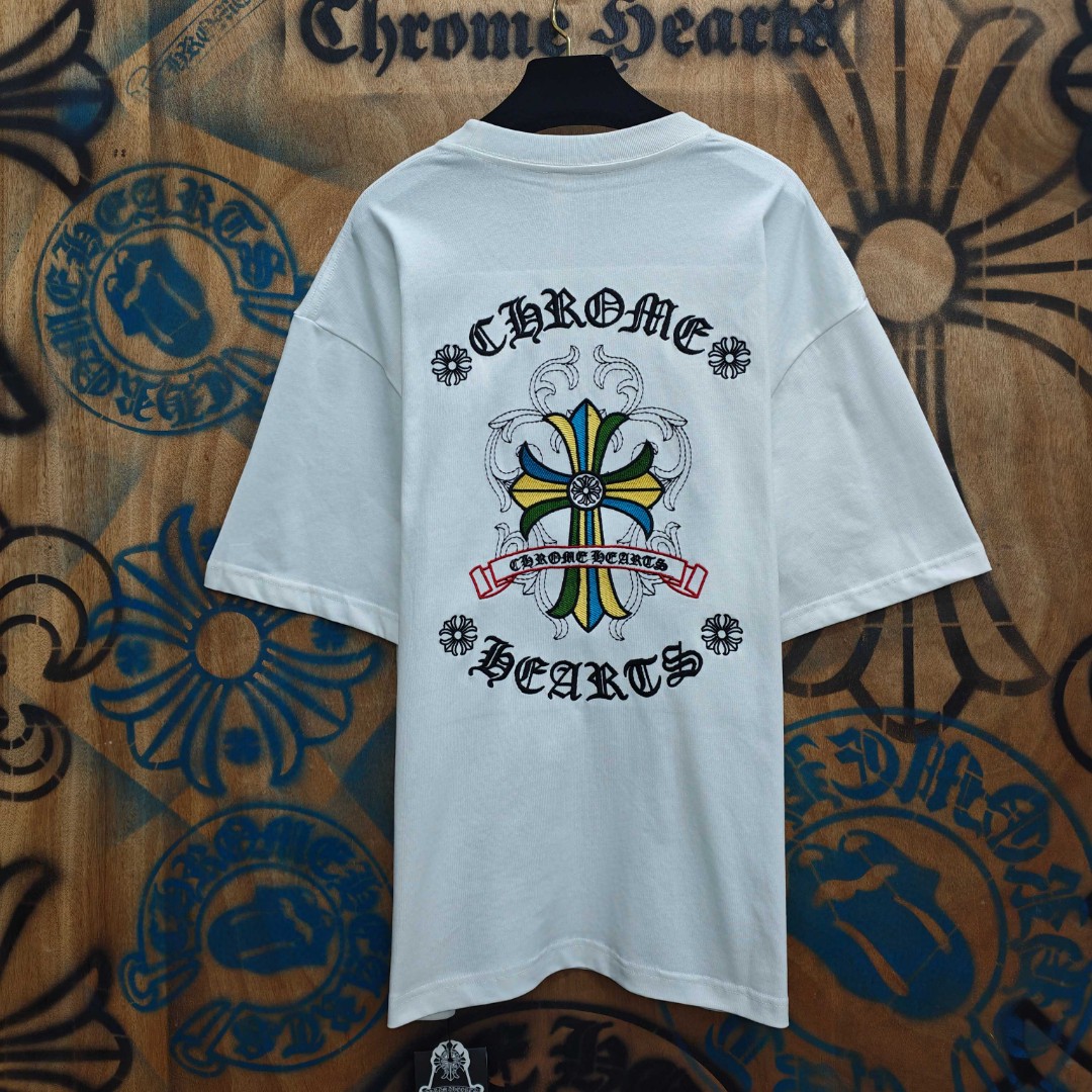 Chrome Hearts 克罗心 彩色十字架梵文绣花圆领短袖 T恤 白色 黑色 A0