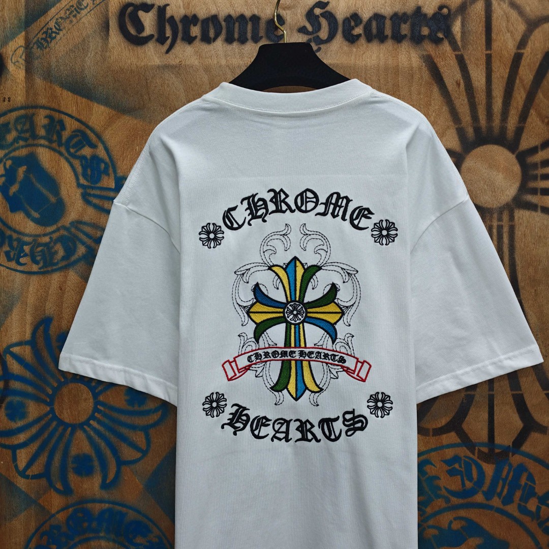 Chrome Hearts 克罗心 彩色十字架梵文绣花圆领短袖 T恤 白色 黑色 A0