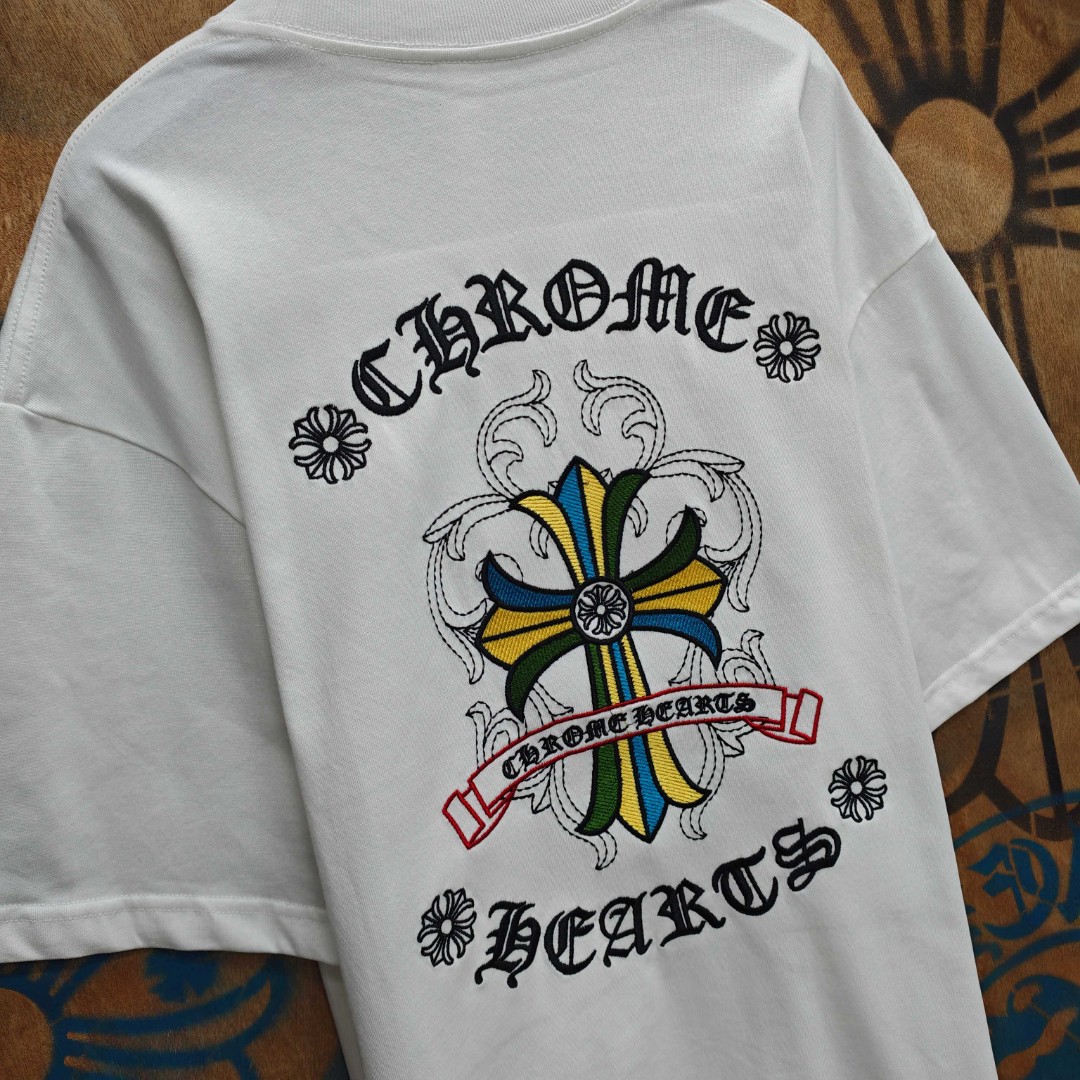 Chrome Hearts 克罗心 彩色十字架梵文绣花圆领短袖 T恤 白色 黑色 A0