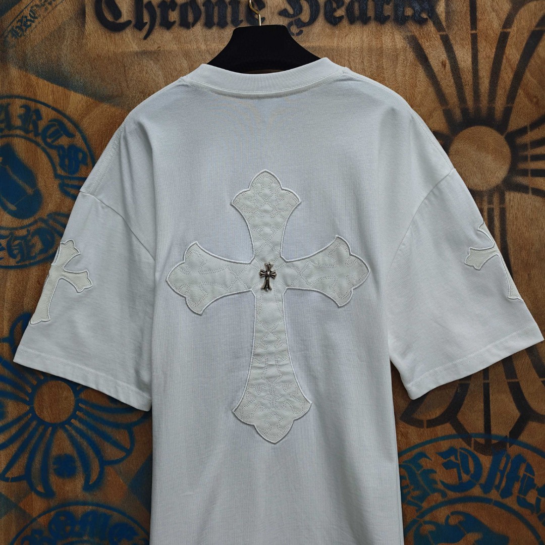 Chrome Hearts 克罗心 马蹄十字架拼皮绣花圆领短袖 T恤 白色 黑色 A0