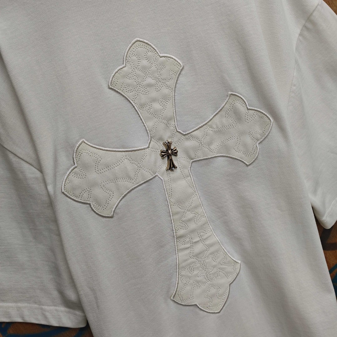 Chrome Hearts 克罗心 马蹄十字架拼皮绣花圆领短袖 T恤 白色 黑色 A0