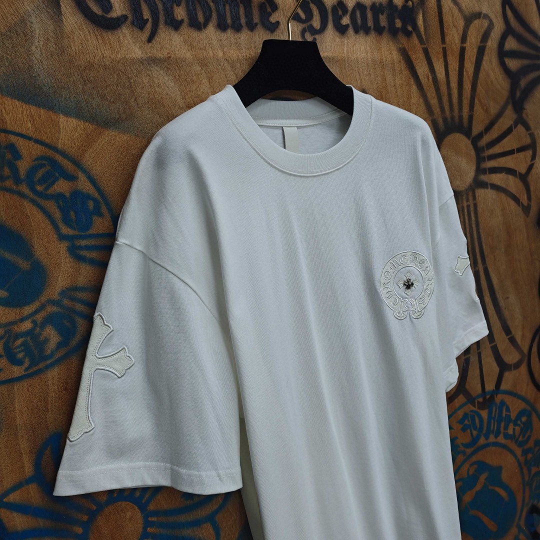 Chrome Hearts 克罗心 马蹄十字架拼皮绣花圆领短袖 T恤 白色 黑色 A0