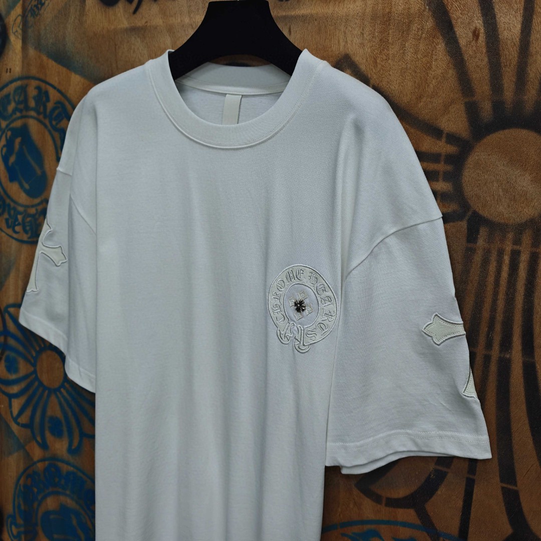 Chrome Hearts 克罗心 马蹄十字架拼皮绣花圆领短袖 T恤 白色 黑色 A0