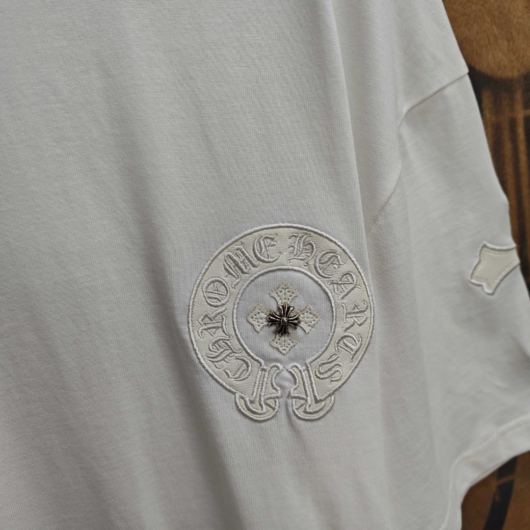 Chrome Hearts 克罗心 马蹄十字架拼皮绣花圆领短袖 T恤 白色 黑色 A0