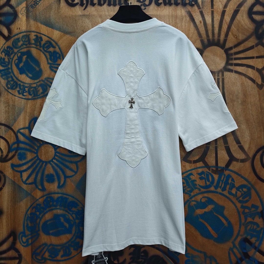 Chrome Hearts 克罗心 马蹄十字架拼皮绣花圆领短袖 T恤 白色 黑色 A0
