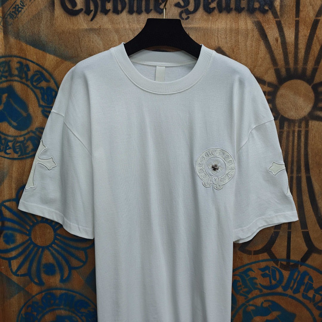 Chrome Hearts 克罗心 马蹄十字架拼皮绣花圆领短袖 T恤 白色 黑色 A0