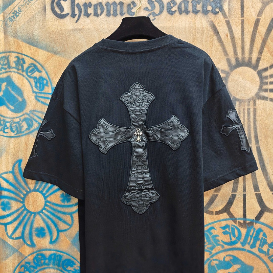 Chrome Hearts 克罗心 马蹄十字架拼皮绣花圆领短袖 T恤 白色 黑色 A0