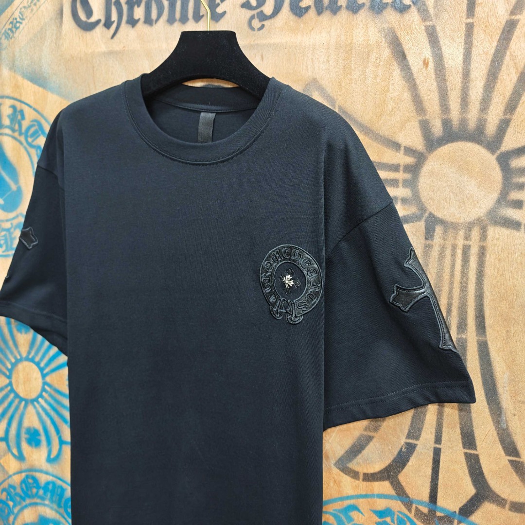Chrome Hearts 克罗心 马蹄十字架拼皮绣花圆领短袖 T恤 白色 黑色 A0