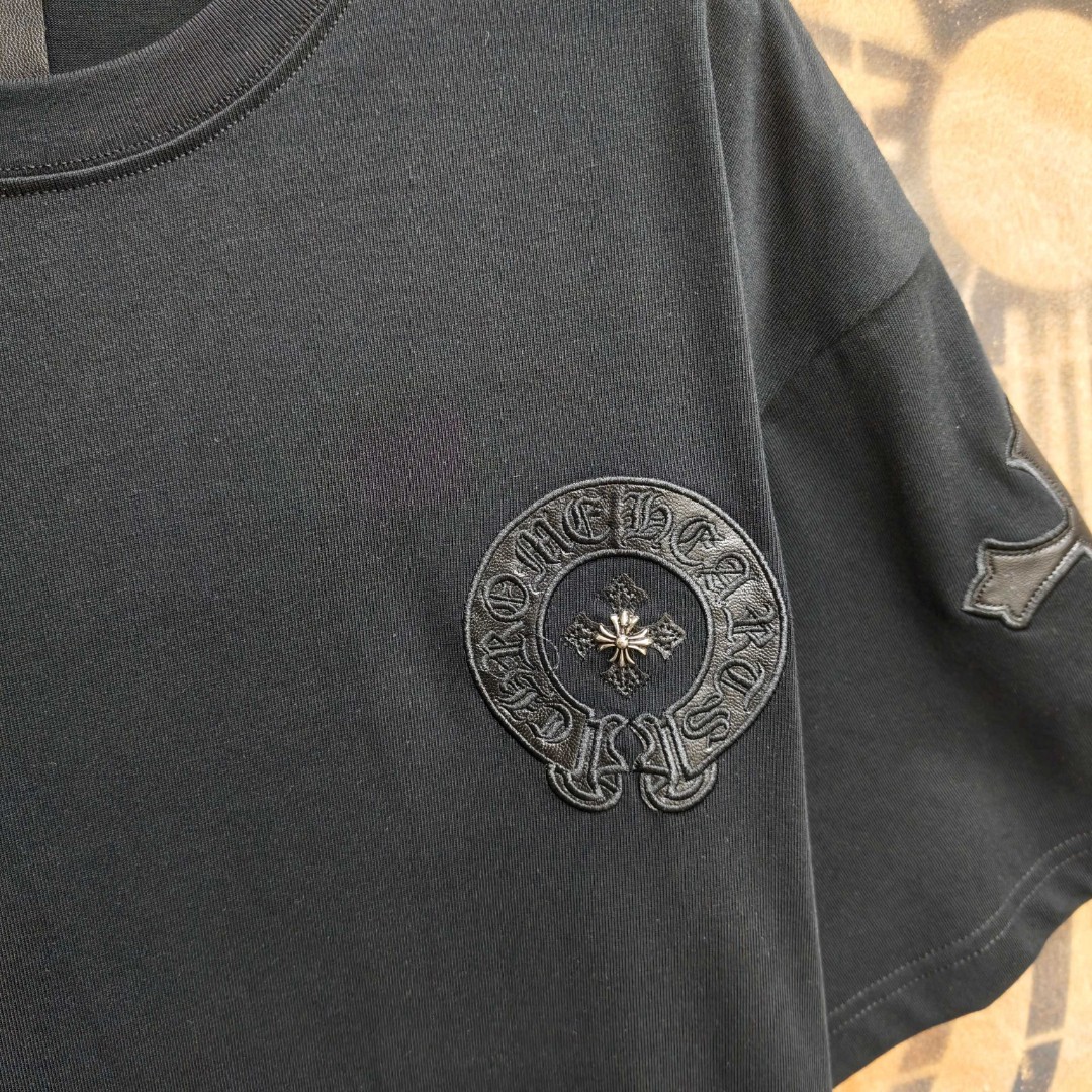 Chrome Hearts 克罗心 马蹄十字架拼皮绣花圆领短袖 T恤 白色 黑色 A0