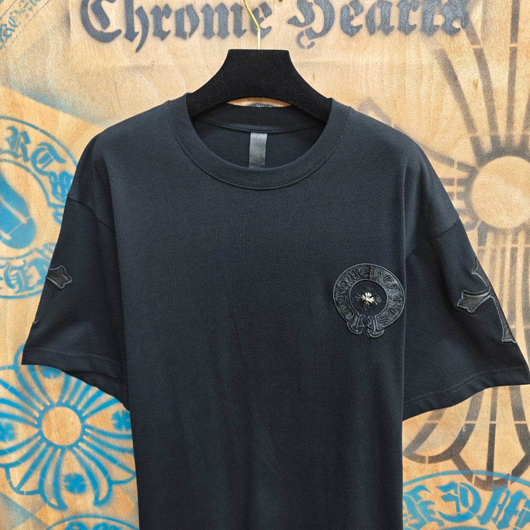Chrome Hearts 克罗心 马蹄十字架拼皮绣花圆领短袖 T恤 白色 黑色 A0