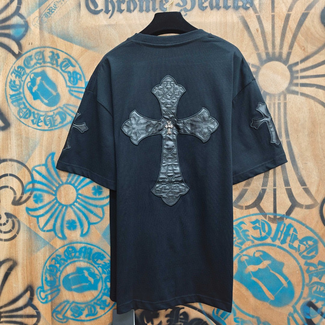 Chrome Hearts 克罗心 马蹄十字架拼皮绣花圆领短袖 T恤 白色 黑色 A0