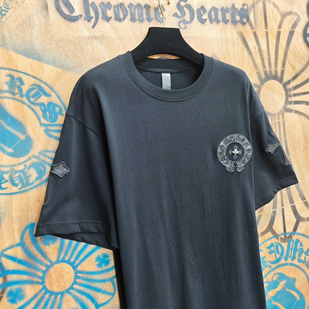 Chrome Hearts 克罗心 马蹄十字架拼皮绣花圆领短袖 T恤 白色 黑色 A0