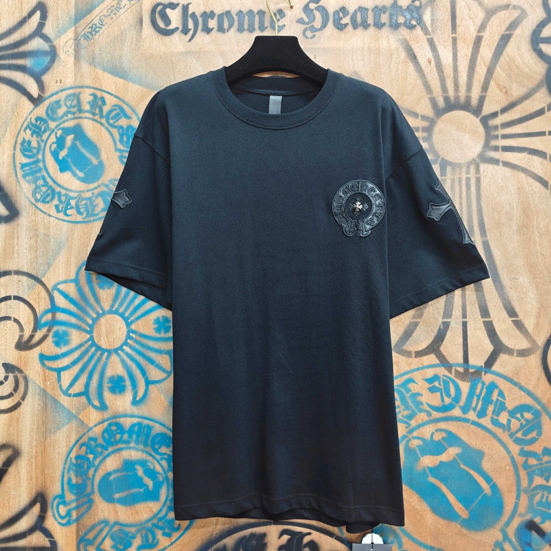 Chrome Hearts 克罗心 马蹄十字架拼皮绣花圆领短袖 T恤 白色 黑色 A0