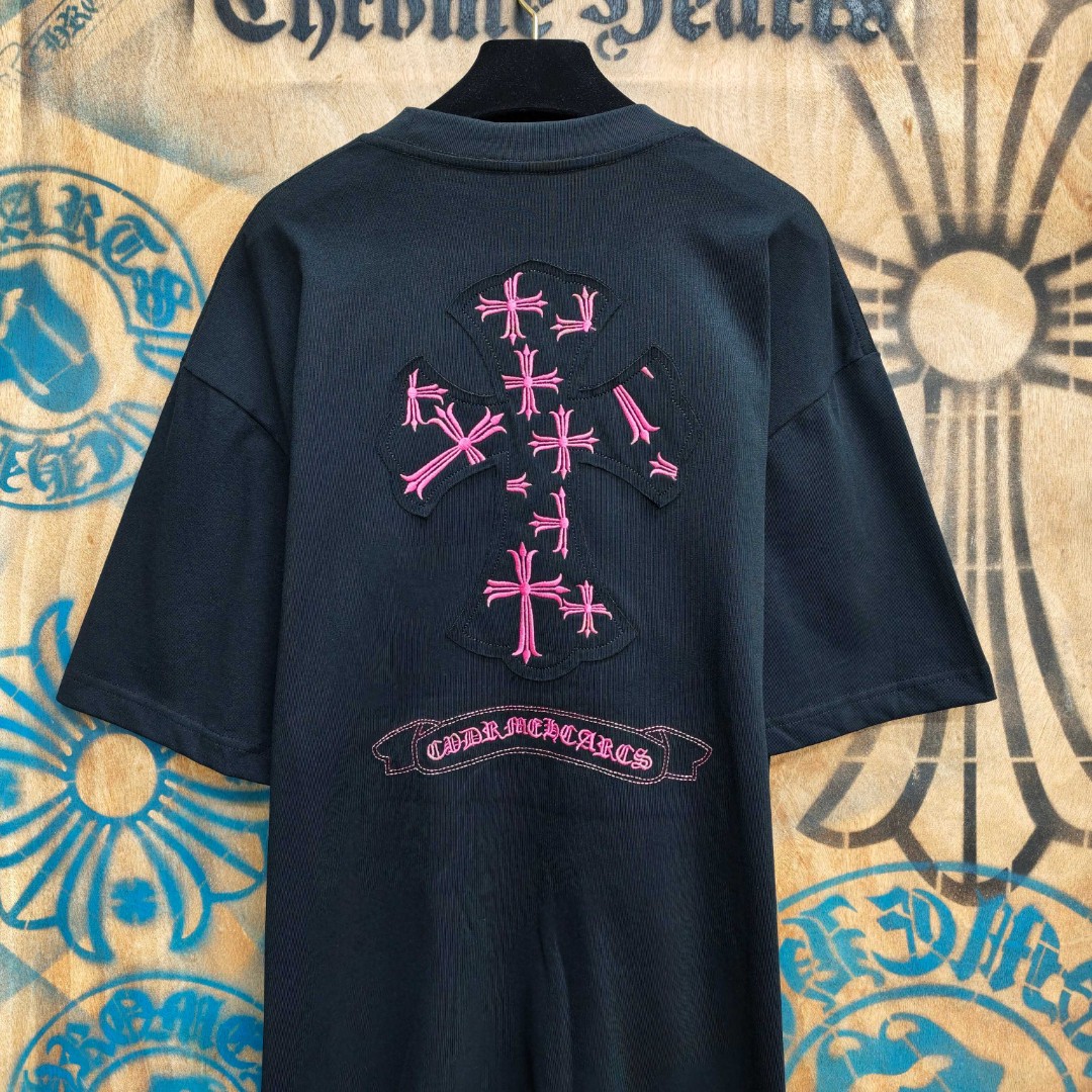 Chrome Hearts 克罗心 粉色十字架绣花圆领短袖 T恤 白色 黑色 A0
