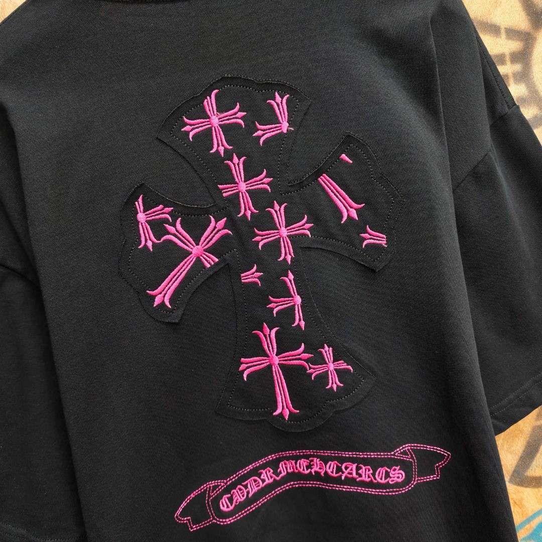 Chrome Hearts 克罗心 粉色十字架绣花圆领短袖 T恤 白色 黑色 A0