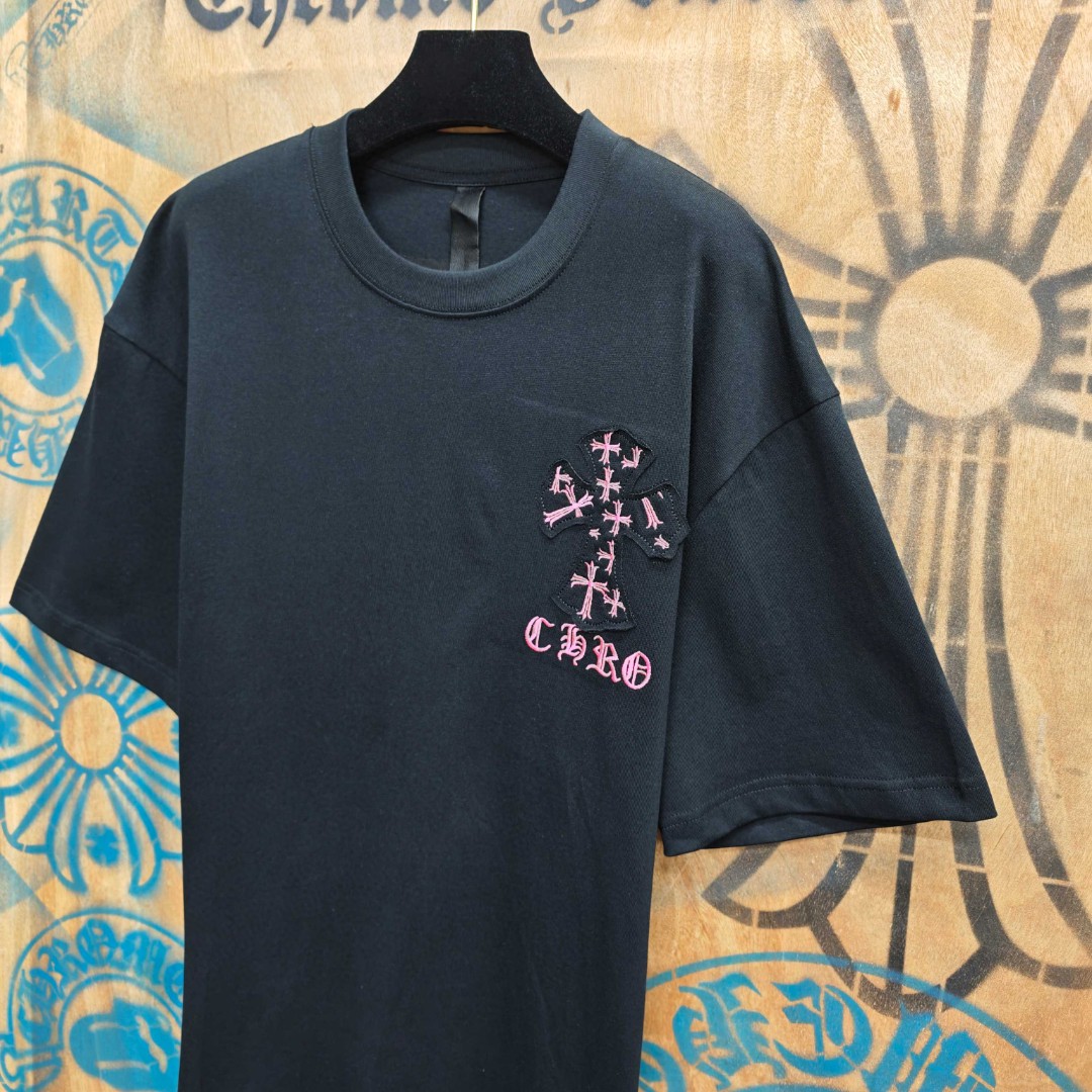Chrome Hearts 克罗心 粉色十字架绣花圆领短袖 T恤 白色 黑色 A0