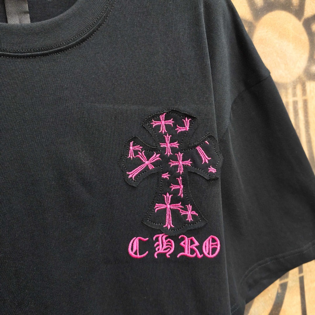 Chrome Hearts 克罗心 粉色十字架绣花圆领短袖 T恤 白色 黑色 A0