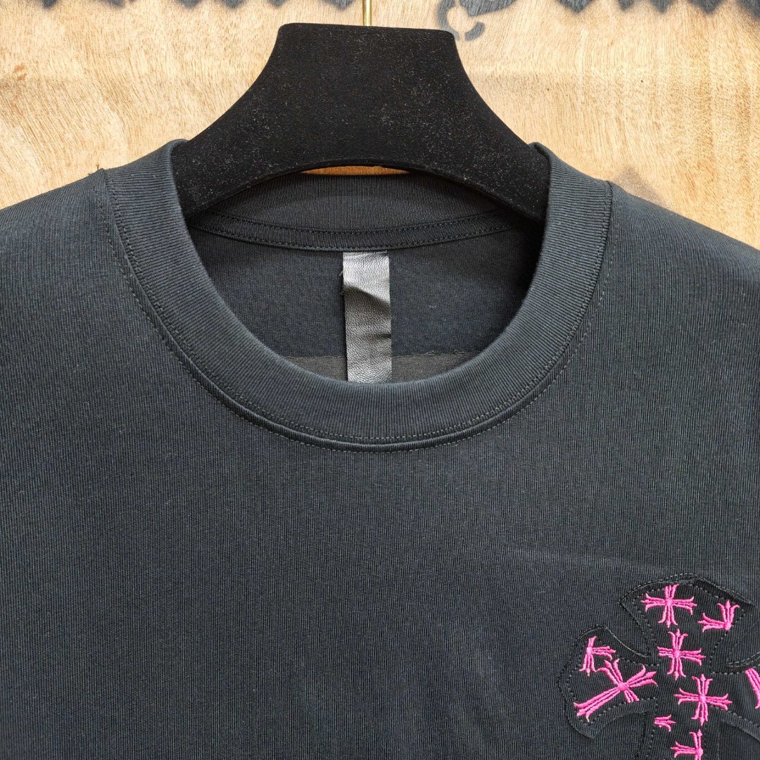 Chrome Hearts 克罗心 粉色十字架绣花圆领短袖 T恤 白色 黑色 A0