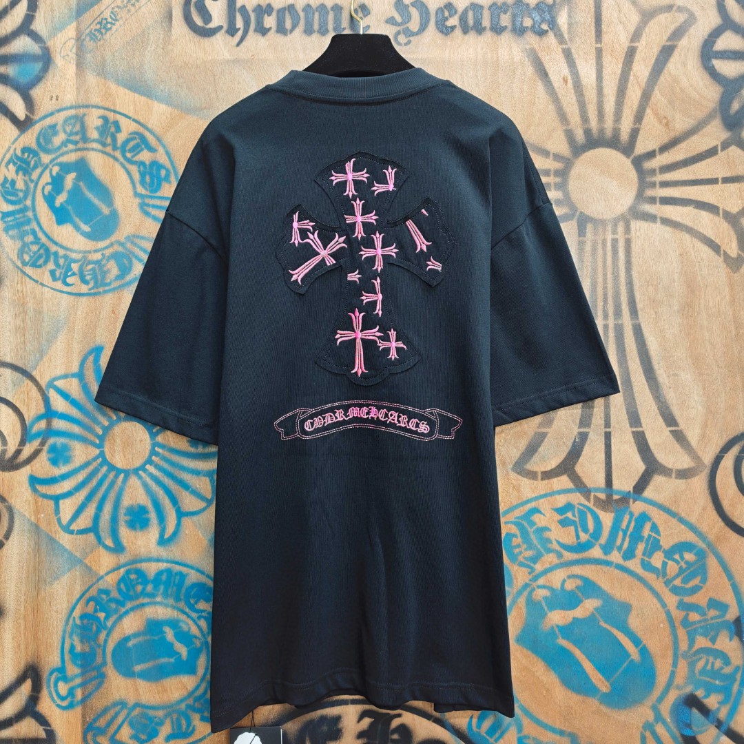 Chrome Hearts 克罗心 粉色十字架绣花圆领短袖 T恤 白色 黑色 A0