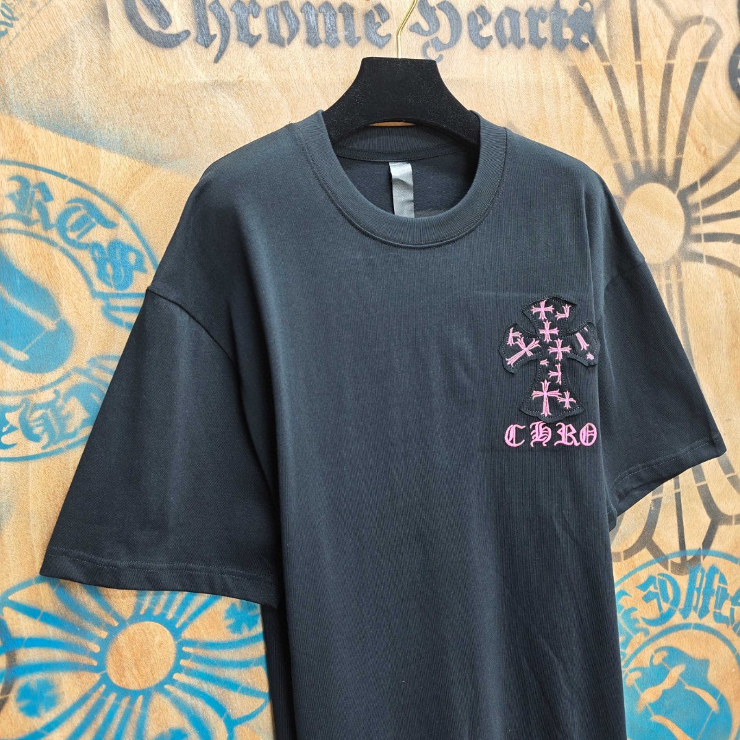 Chrome Hearts 克罗心 粉色十字架绣花圆领短袖 T恤 白色 黑色 A0