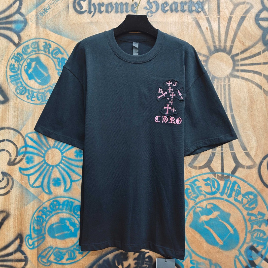 Chrome Hearts 克罗心 粉色十字架绣花圆领短袖 T恤 白色 黑色 A0