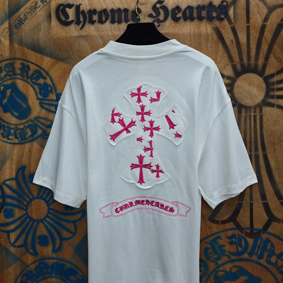 Chrome Hearts 克罗心 粉色十字架绣花圆领短袖 T恤 白色 黑色 A0