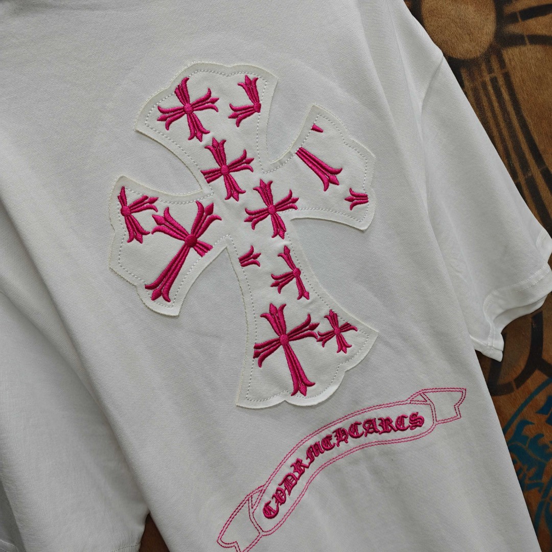 Chrome Hearts 克罗心 粉色十字架绣花圆领短袖 T恤 白色 黑色 A0