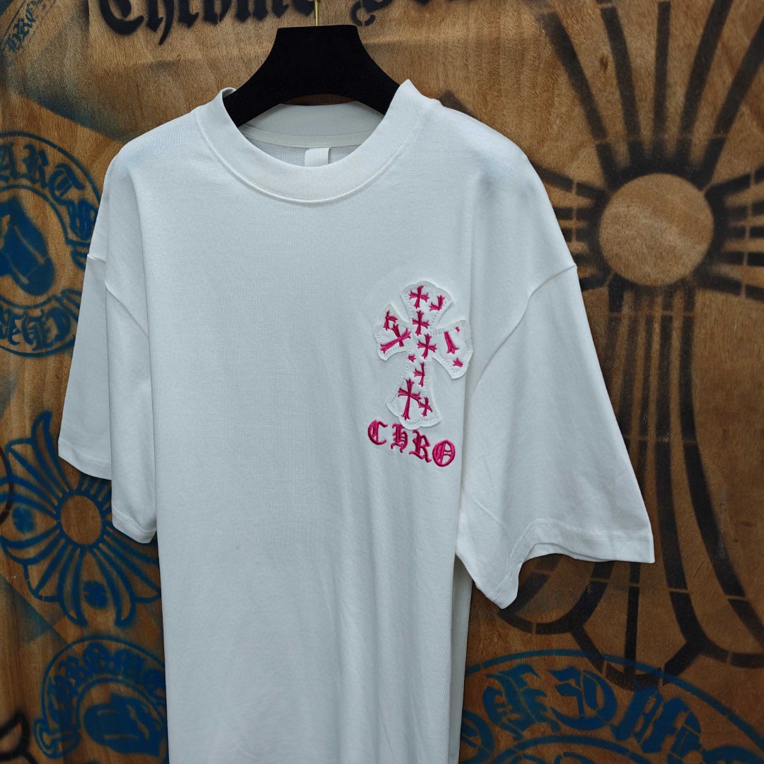 Chrome Hearts 克罗心 粉色十字架绣花圆领短袖 T恤 白色 黑色 A0