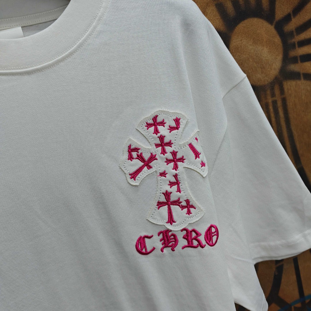Chrome Hearts 克罗心 粉色十字架绣花圆领短袖 T恤 白色 黑色 A0