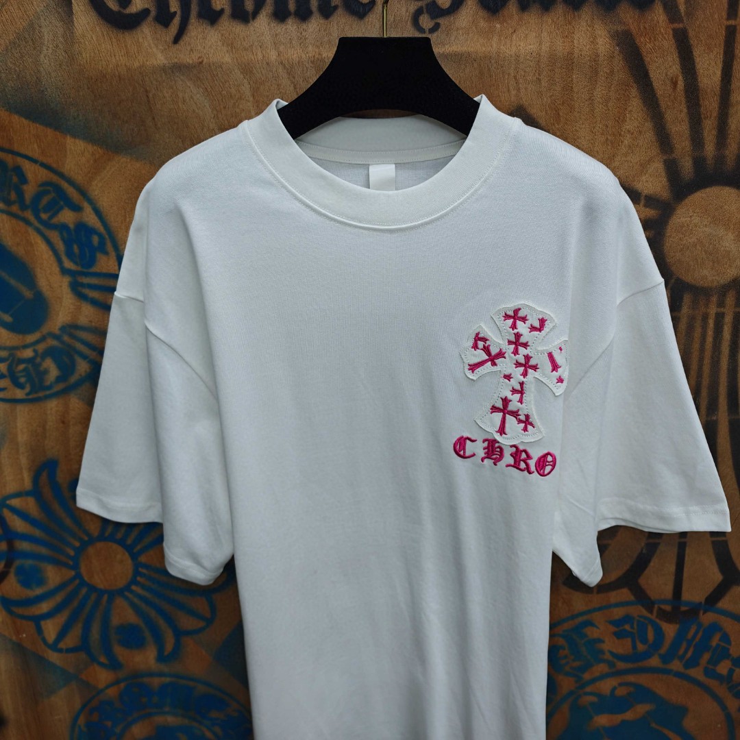 Chrome Hearts 克罗心 粉色十字架绣花圆领短袖 T恤 白色 黑色 A0