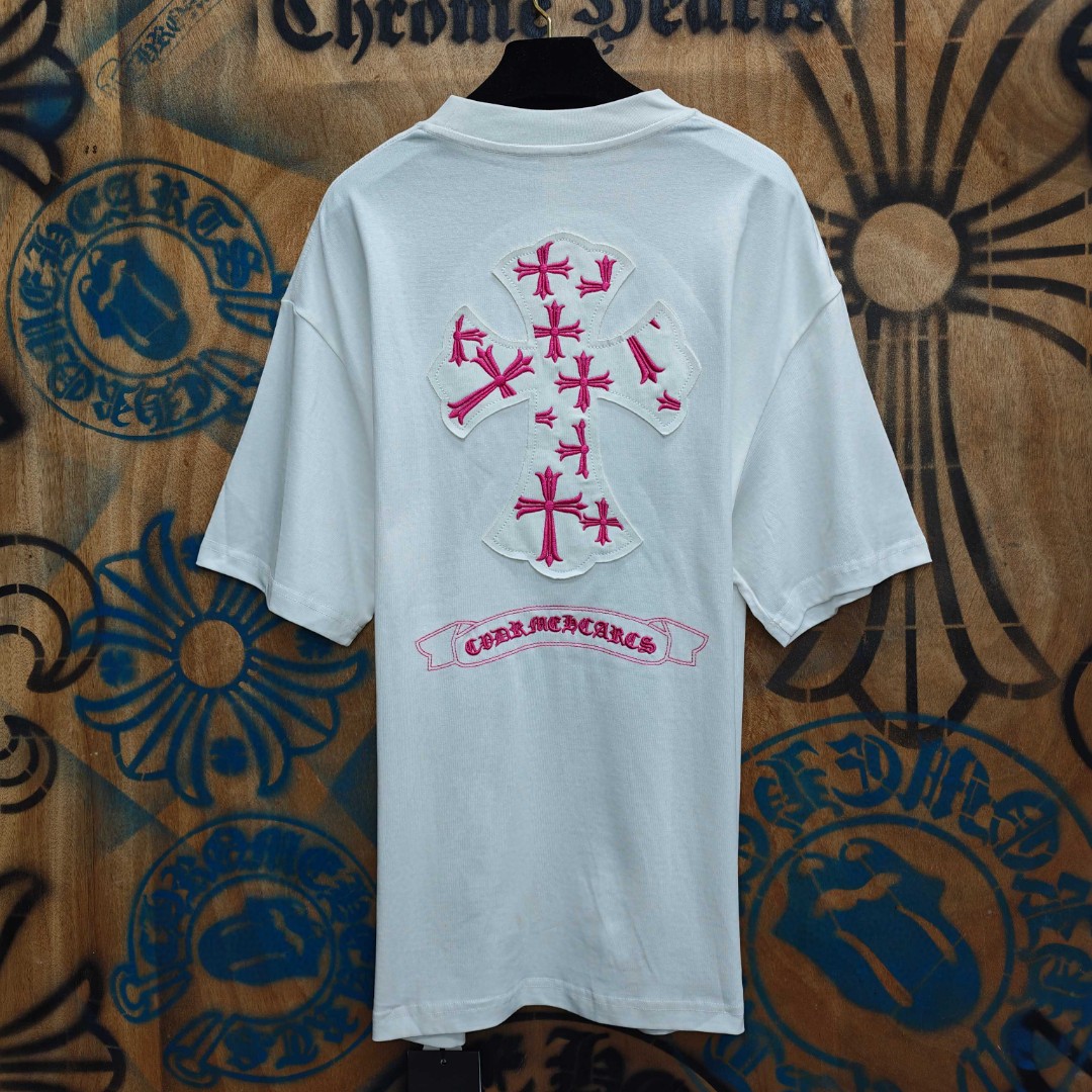 Chrome Hearts 克罗心 粉色十字架绣花圆领短袖 T恤 白色 黑色 A0
