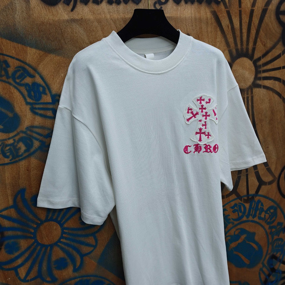 Chrome Hearts 克罗心 粉色十字架绣花圆领短袖 T恤 白色 黑色 A0