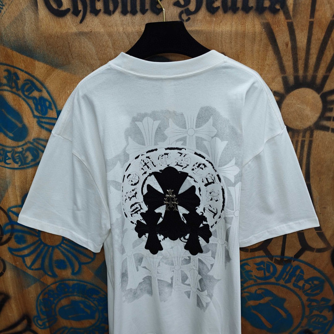 Chrome Hearts 克罗心 黑色马蹄十字架绣花圆领短袖 T恤 白色 A0