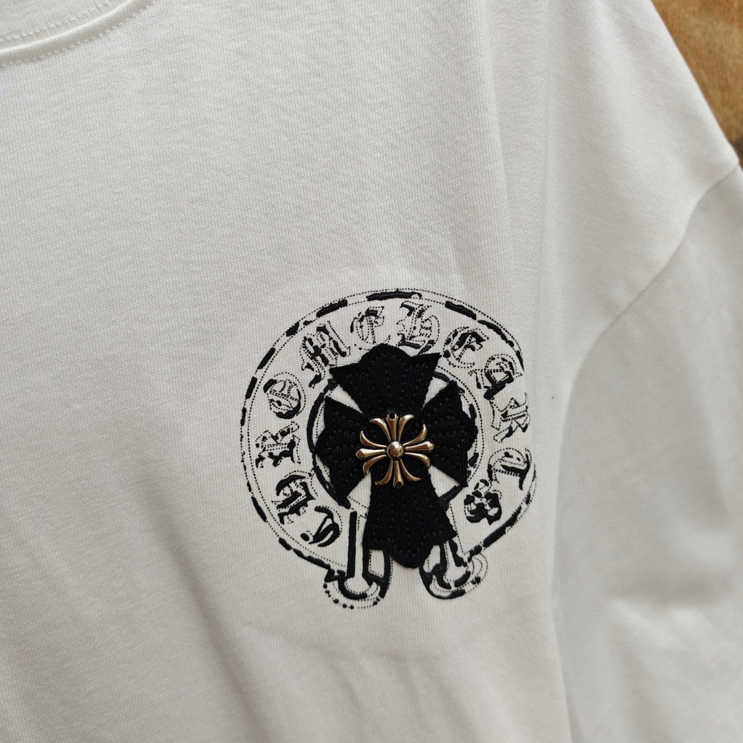 Chrome Hearts 克罗心 黑色马蹄十字架绣花圆领短袖 T恤 白色 A0